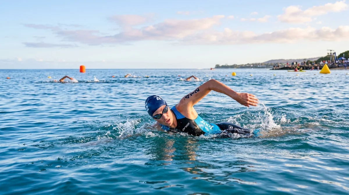 Triathlète en nage libre au début de l'Embrun Triathlon, mer calme, soleil matinal