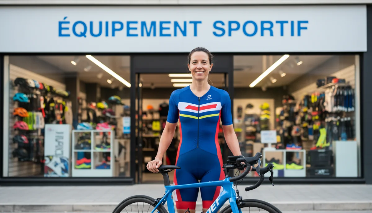Athlète souriant devant la boutique du triathlon avec vélo, équipement sportif visible