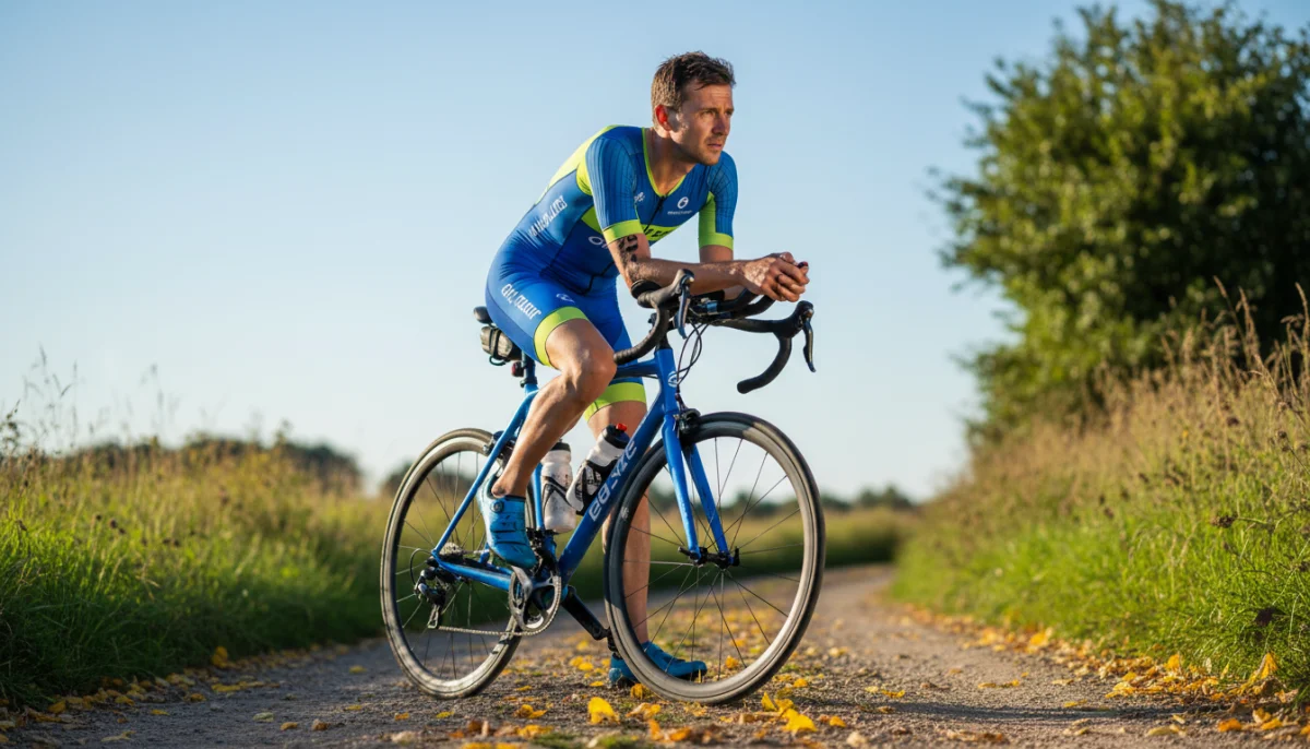 Triathlète fatigué mais déterminé se reposant sur son vélo, chemin de campagne ensoleillé.