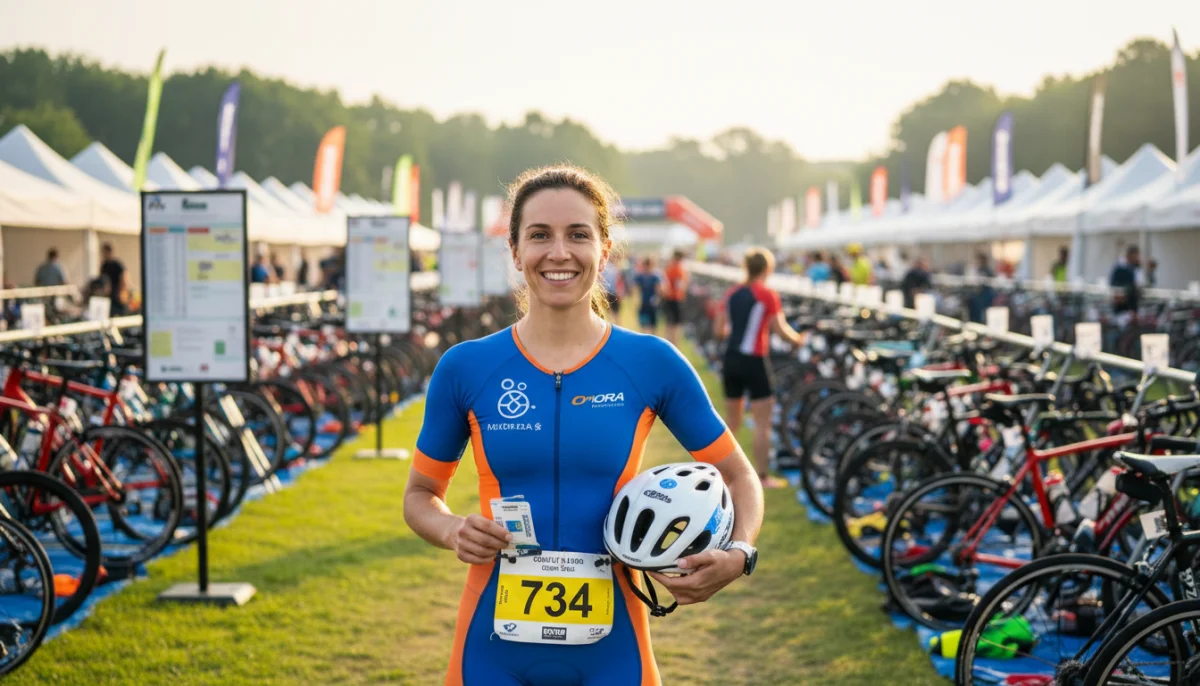 Athlète souriante avec dossard et casque, prête pour le triathlon d'Angers 2026.