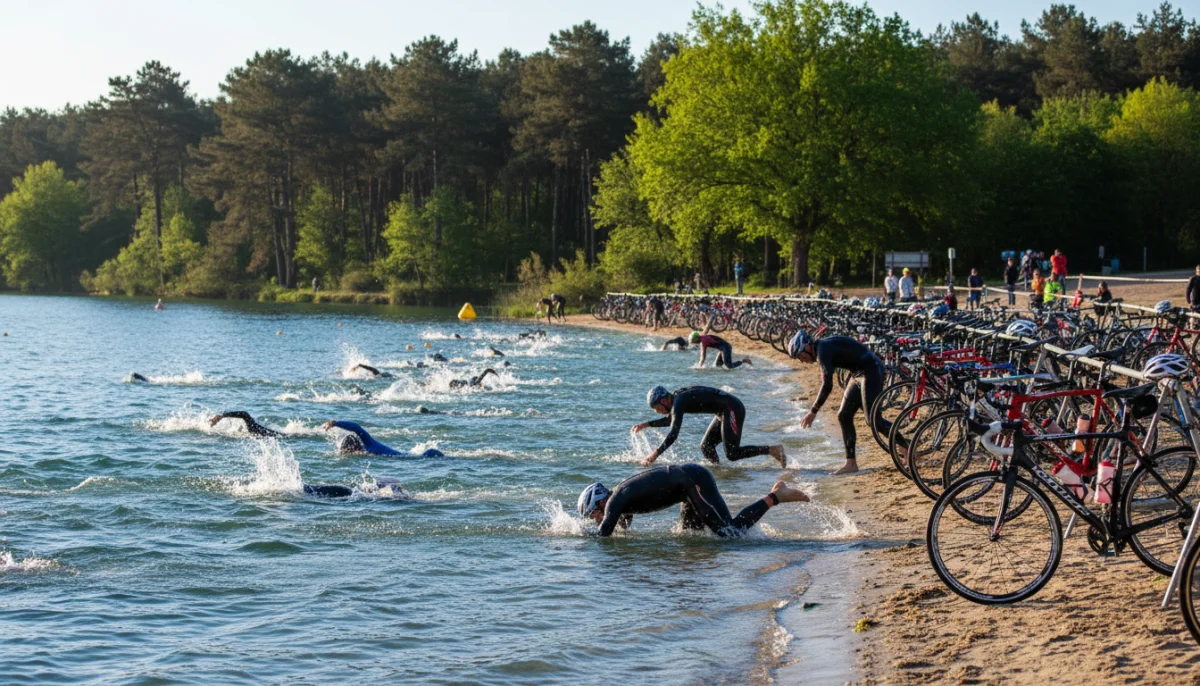 Athlètes en plein triathlon à Carcans : nage, transition vélo sur le lac de Maubuisson.