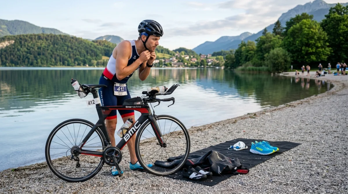 Athlète de triathlon préparant son vélo pour la course à Chantilly.