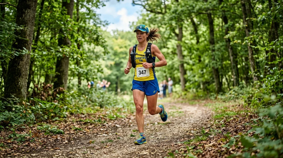 Athlète de triathlon en course sur un chemin forestier du domaine de Chantilly.