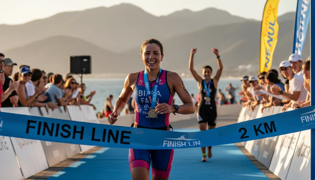 Athlète féminine triomphe au triathlon des roses, franchissant la ligne d'arrivée en bord de mer.