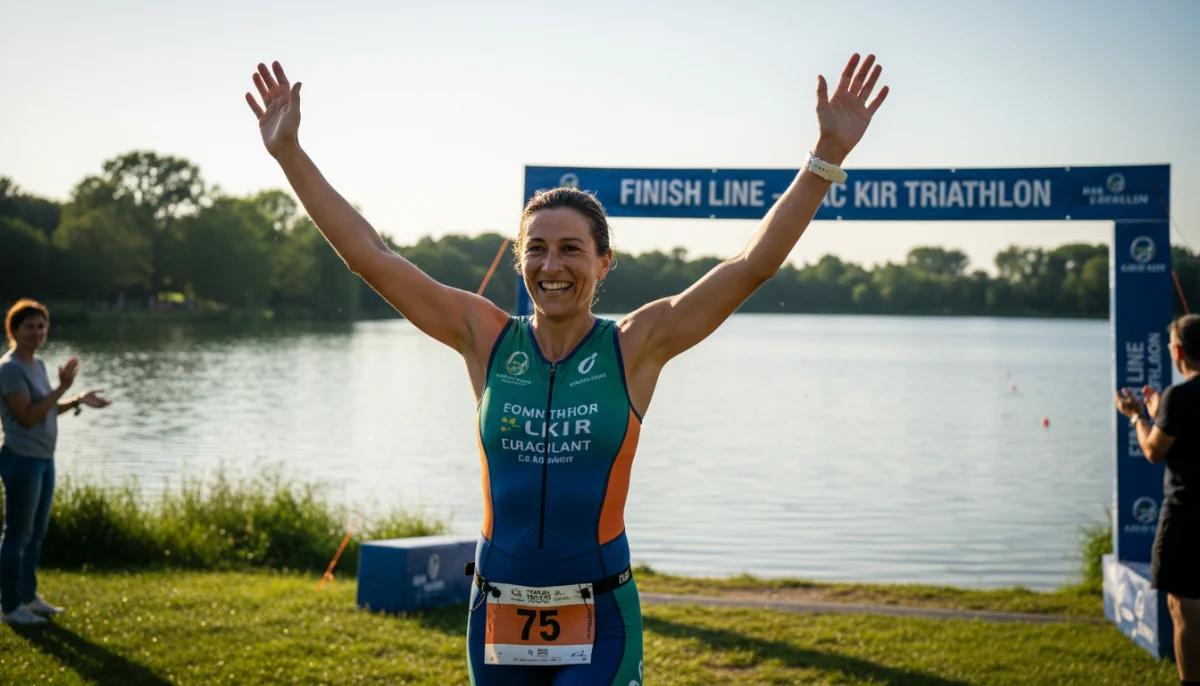 Athlète de triathlon souriant franchissant la ligne d'arrivée au lac Kir, Dijon.