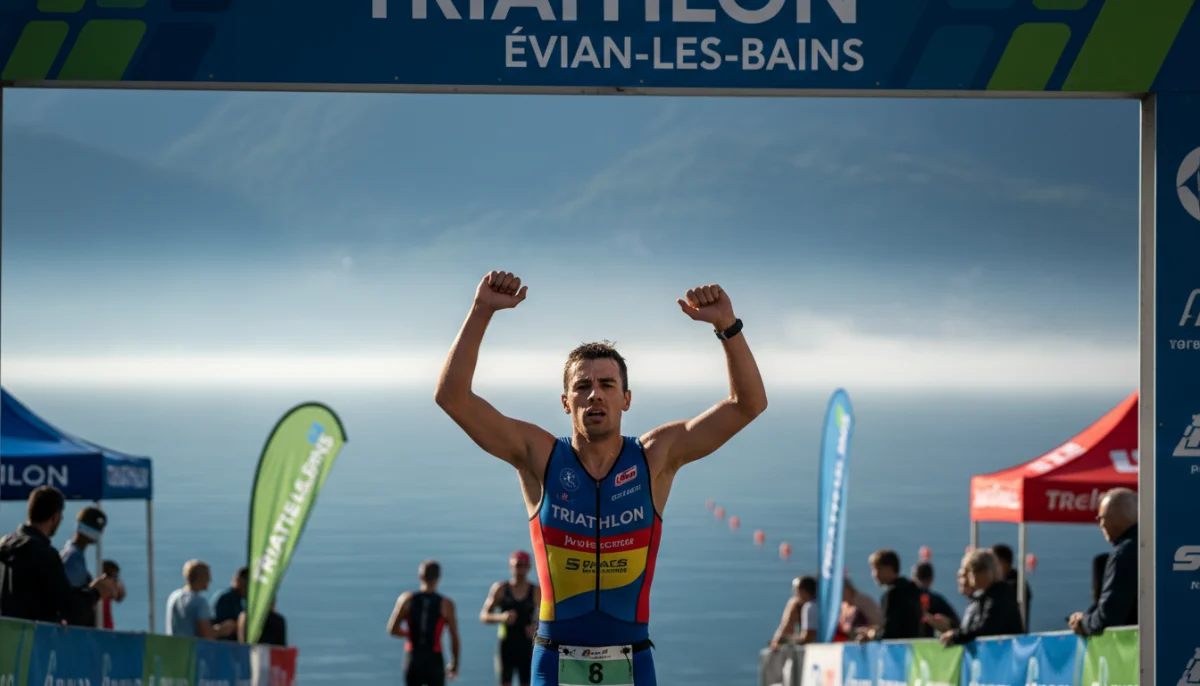 Athlète de triathlon franchissant la ligne d'arrivée à Évian, lac Léman en arrière-plan.