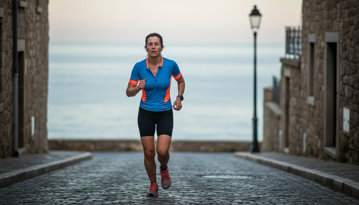 Athlète de triathlon courant à Granville, mer et pavés en arrière-plan, détermination paisible.