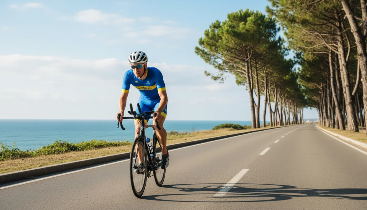 Athlète de triathlon sur vélo de course, route côtière de l'Île de Ré, océan Atlantique.