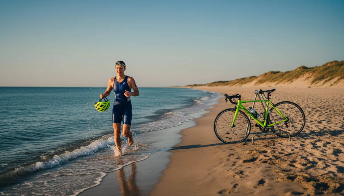 Athlète en pleine transition natation-vélo lors du triathlon de l'Île de Ré.