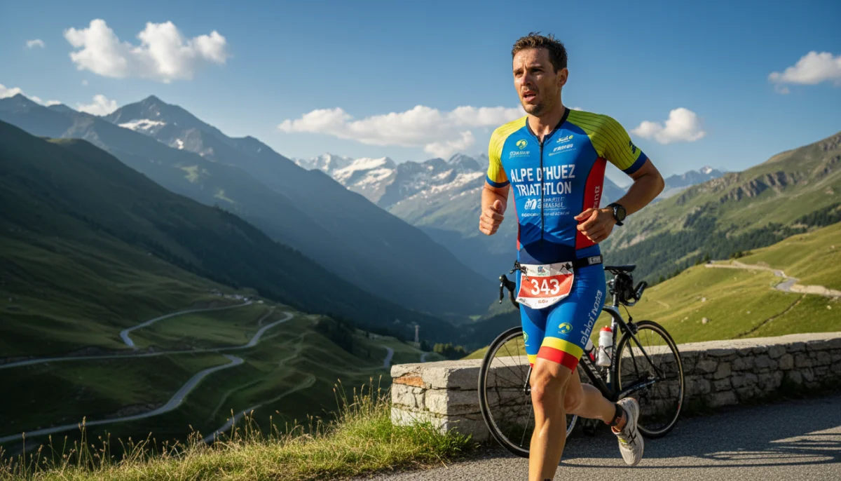 Athlète concentré triathlon Savoie, paysage montagneux, effort et détermination