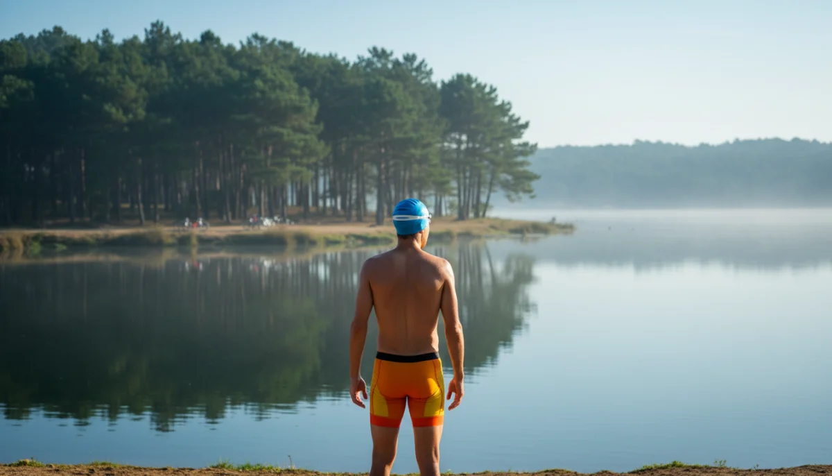 Athlète de triathlon à Mimizan, prêt à nager dans un lac des Landes.