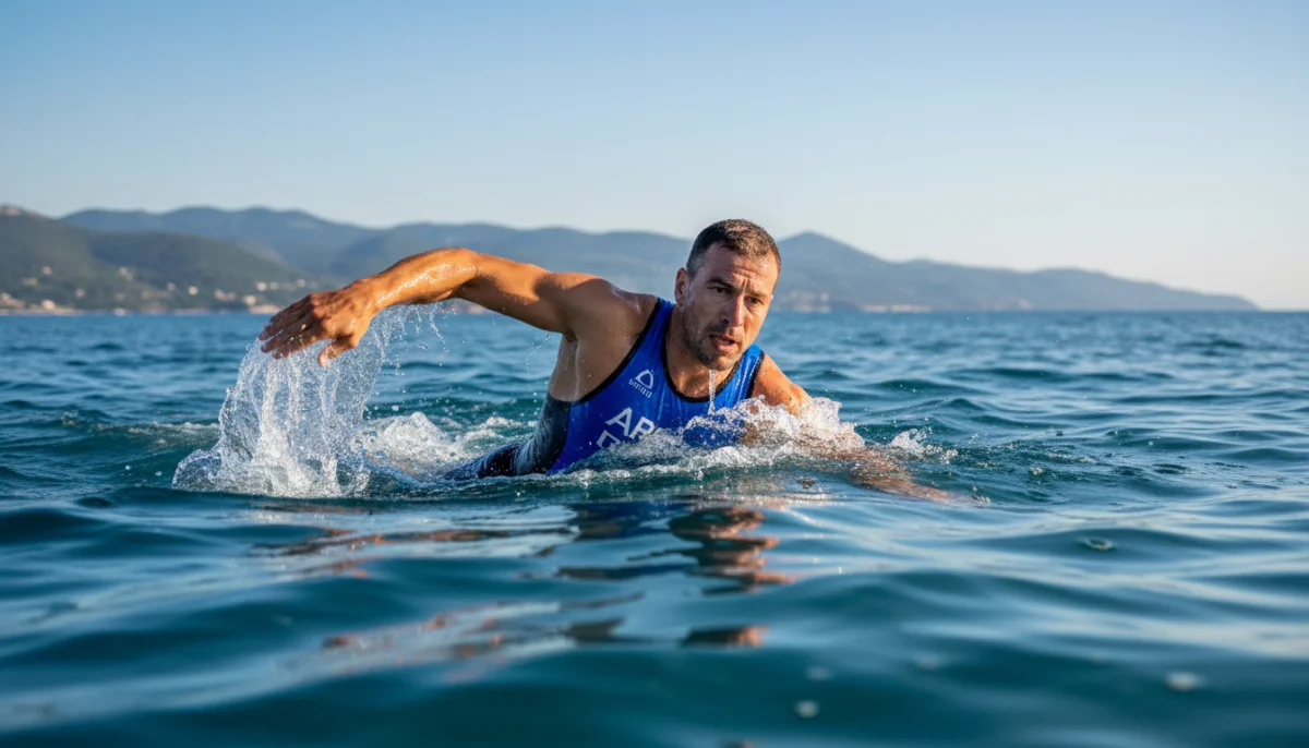 Athlète de triathlon nageant en mer à Saint-Raphaël, montagnes en arrière-plan