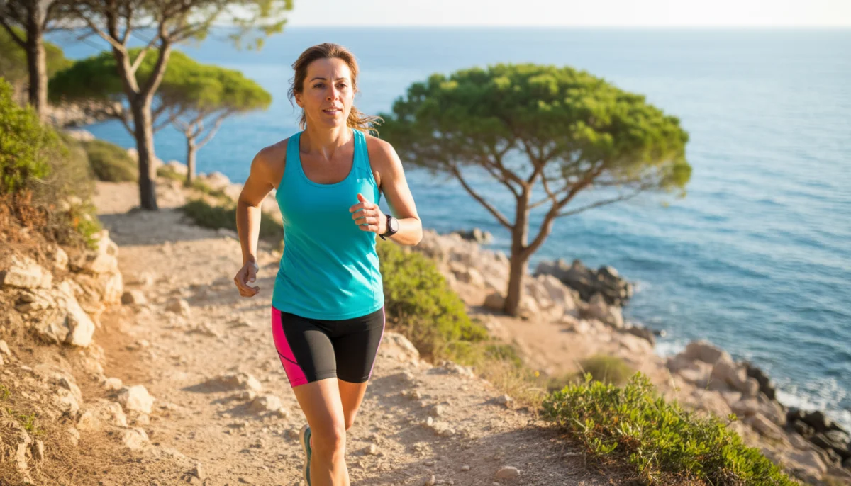 Femme en tenue de sport courant sur un sentier côtier ensoleillé à Antibes, mer Méditerranée en arrière-plan.