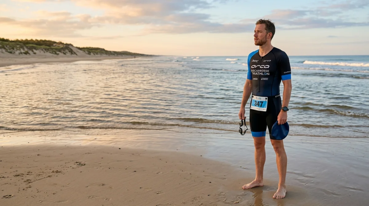 Triathlète en tenue de compétition sur la plage de Biscarrosse au lever du soleil avant l'épreuve.