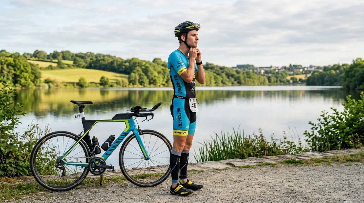 Triathlète préparant son équipement au bord d'un plan d'eau verdoyant pour le Pontivy Triathlon.