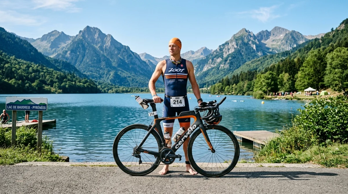 Triathlète avec son vélo au bord du lac de Baudreix, avec les Pyrénées en arrière-plan sous un ciel dégagé.