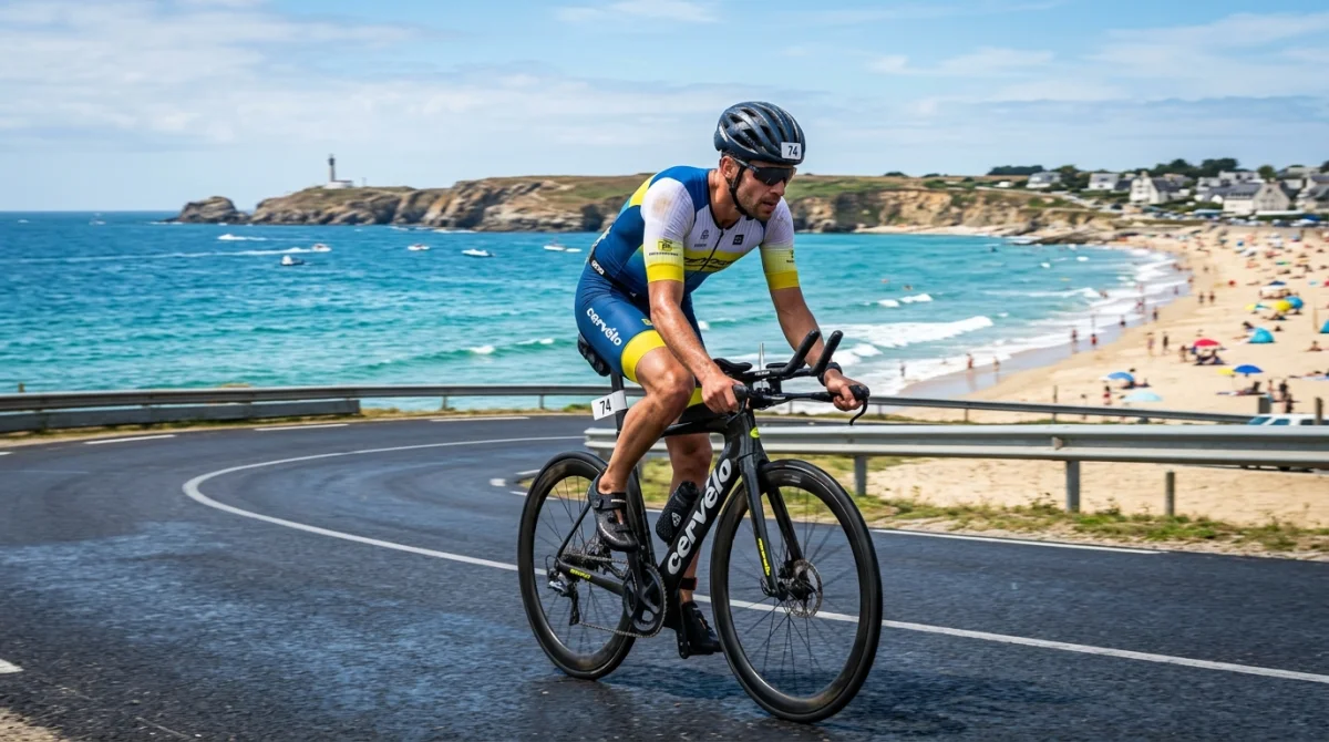 Triathlète en plein effort sur son vélo face à la mer lors du triathlon de Quiberon.