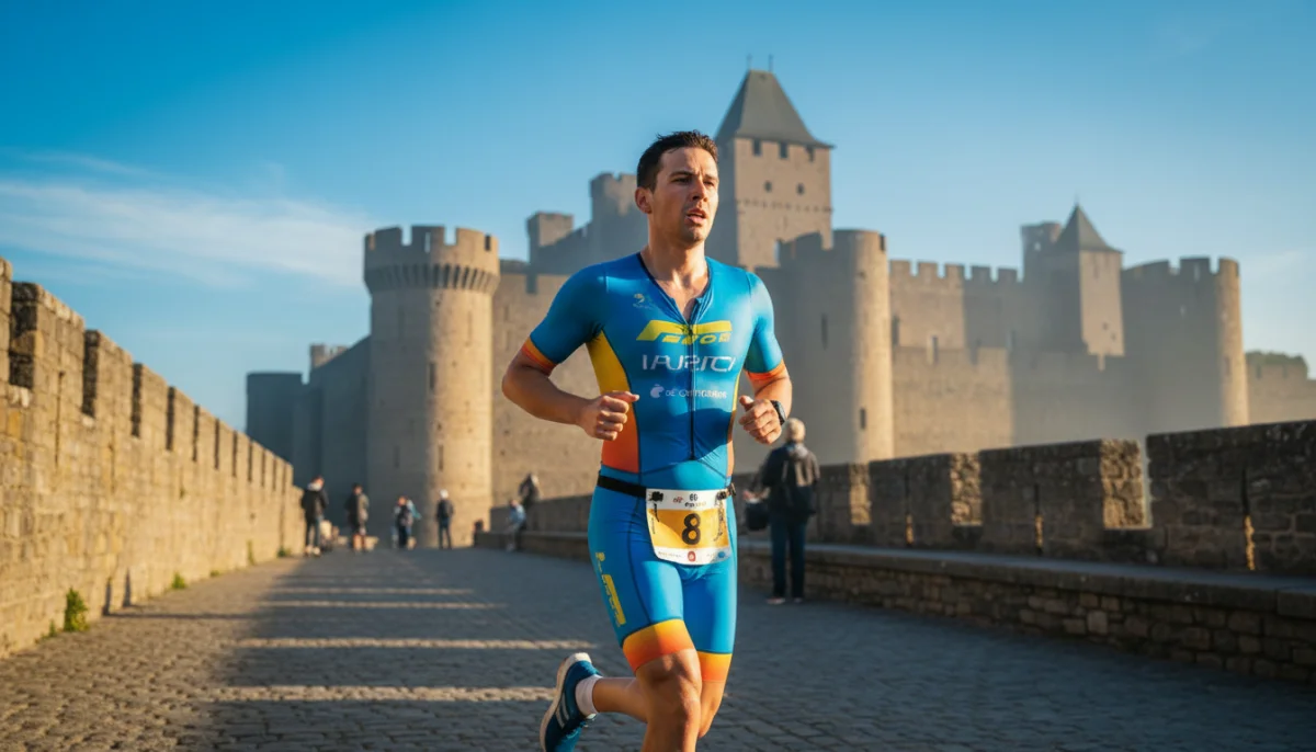 Athlète de triathlon courant devant la Cité de Carcassonne ensoleillée