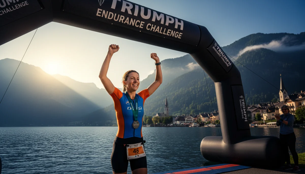 Triathlète franchissant la ligne d'arrivée, paysage montagneux et lac, Triathlon des Embruns