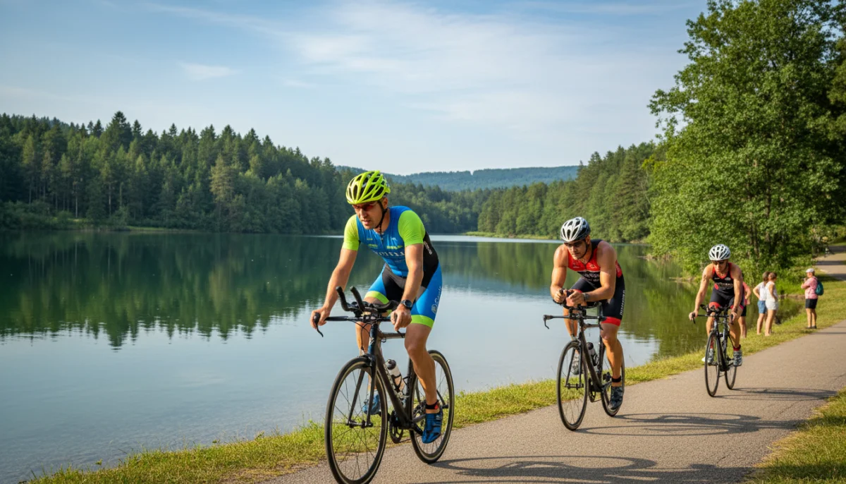 Triathlètes en action au Lac des Sapins, paysage vallonné et eau claire.