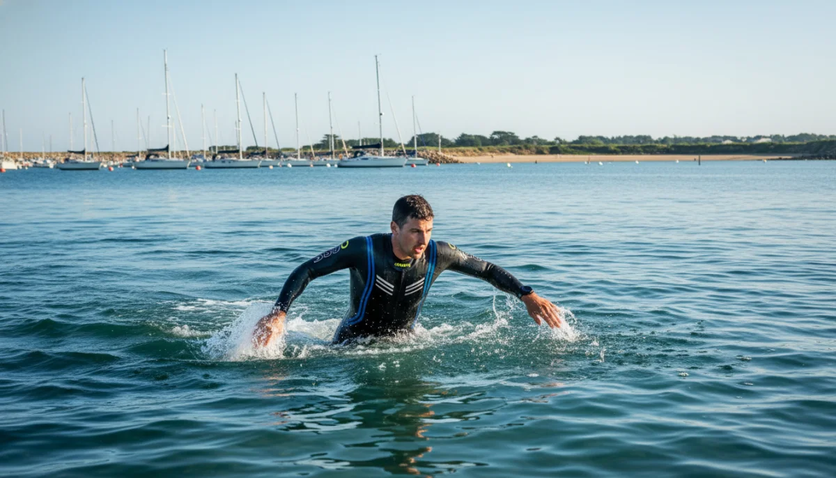 Athlète en triathlon sortant de l'eau en mer au port du Douhet, Île d'Oléron.