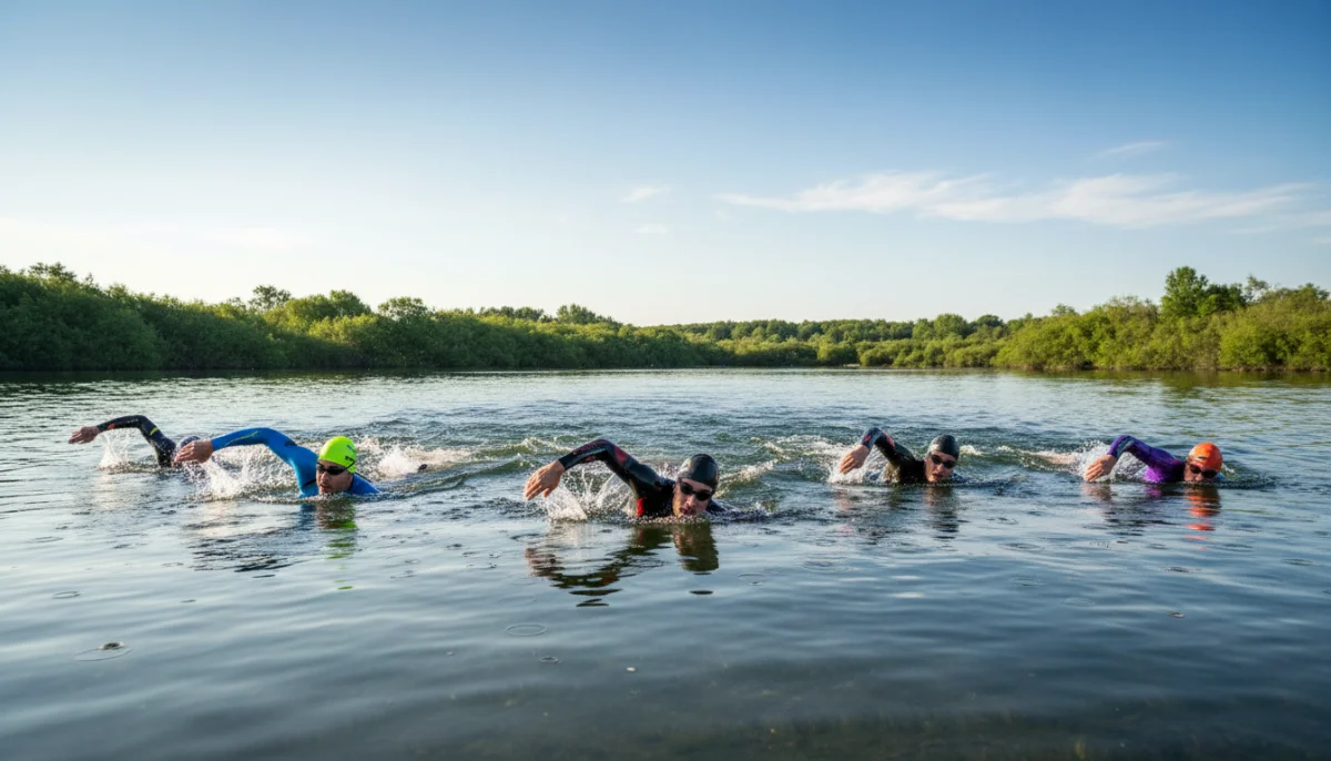 Athlètes en plein effort de natation lors du triathlon de Vendôme, eau claire et paysage verdoyant.