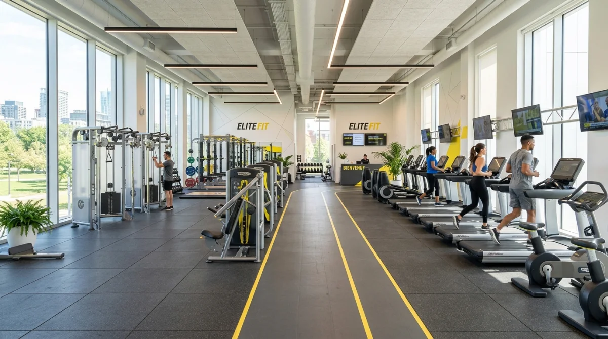 Salle de sport moderne et spacieuse avec équipements de fitness, idéale pour votre avis sur Basic Fit Hennebont.