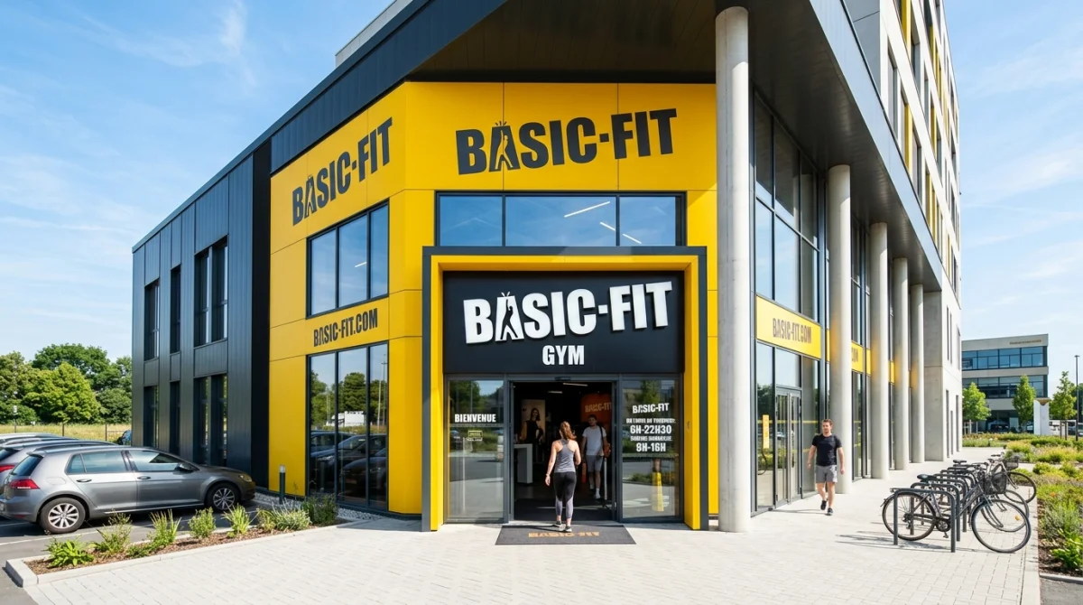 Façade moderne de la salle de sport Basic-Fit à Paray-le-Monial sous un ciel bleu, vue extérieure professionnelle.