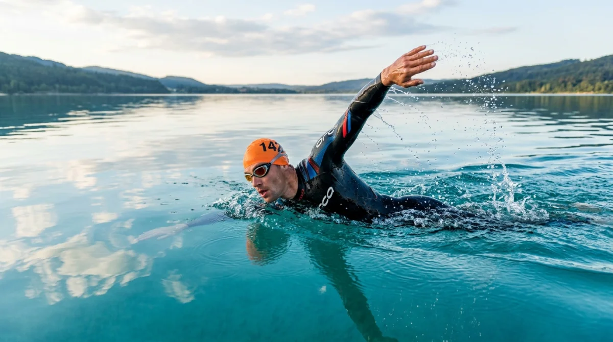 Triathlète portant une combinaison néoprène haute performance nageant dans une eau calme pour choisir quelle combinaison pour triathlon.