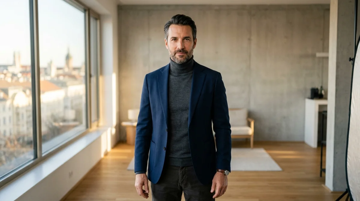 Portrait professionnel d'un homme élégant dans un studio moderne, illustrant la stature pour savoir combien mesure Nasdas.