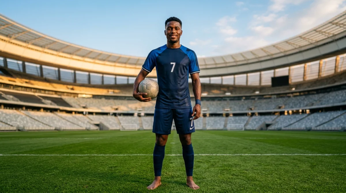 Portrait du footballeur Désiré Doué, jeune athlète déterminé posant sur un terrain de football professionnel ensoleillé.