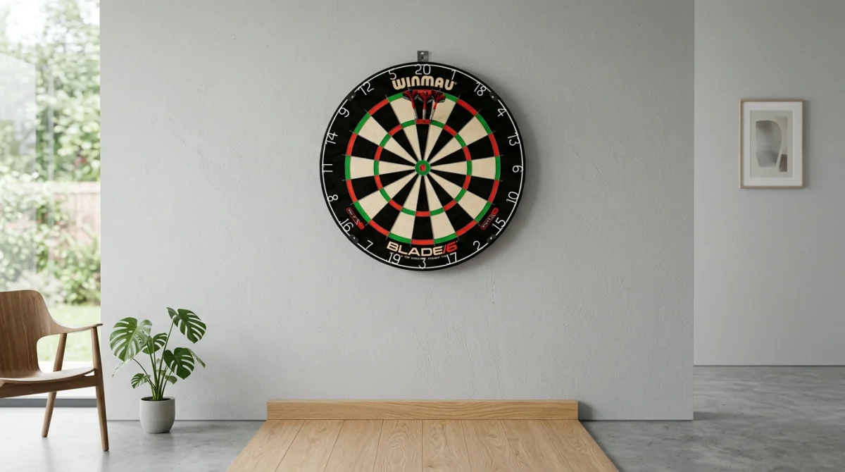 Cible de fléchettes professionnelle en sisal fixée au mur dans un intérieur moderne pour jouer aux fléchettes.