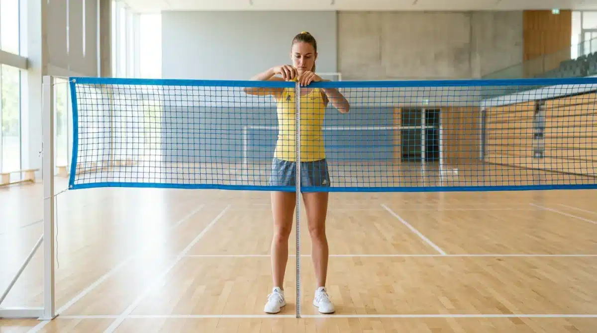 Athlète mesurant précisément la hauteur du filet de badminton au centre d'un gymnase moderne et lumineux.