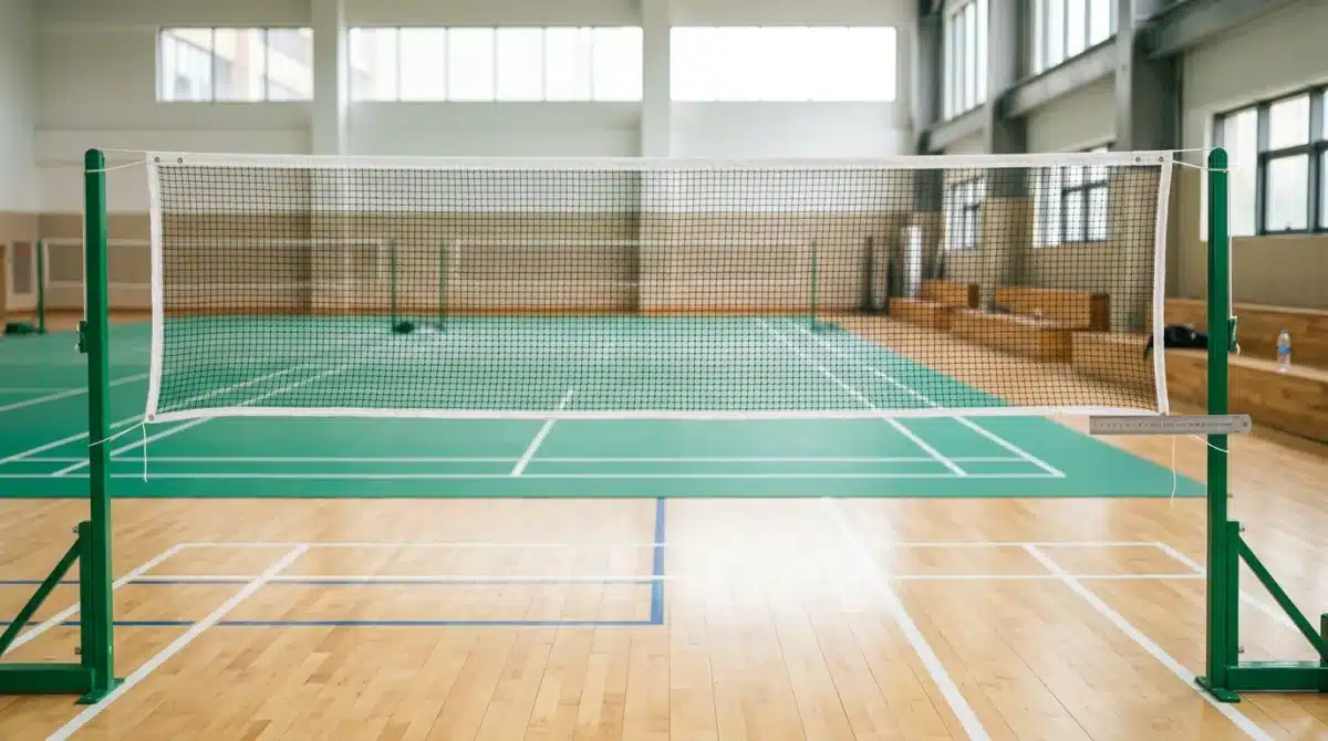 Filet de badminton professionnel tendu sur un terrain intérieur avec une règle de mesure pour vérifier la hauteur.