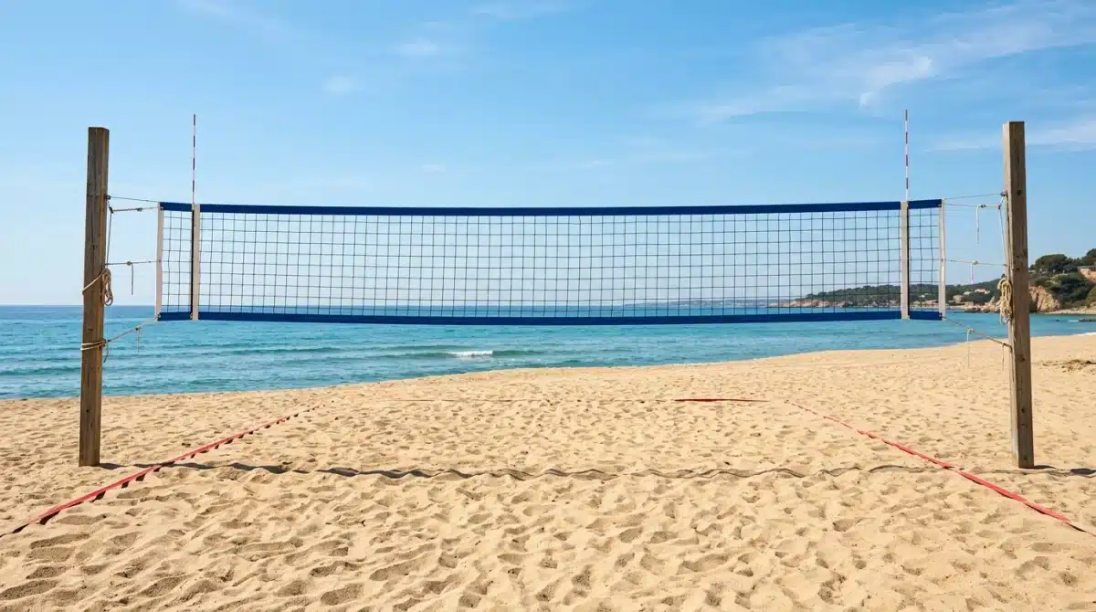 Filet de beach-volley professionnel installé sur une plage ensoleillée pour illustrer la hauteur réglementaire du filet volley.