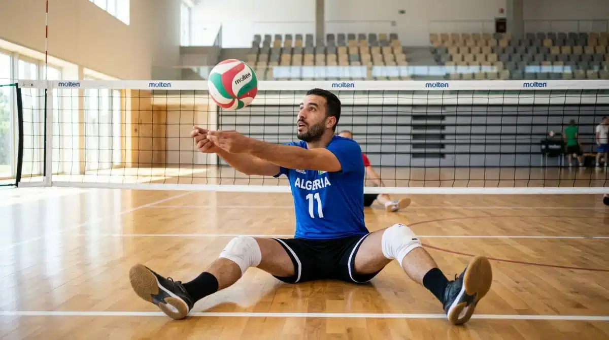 Joueur de volley-ball en maillot bleu préparant une réception devant un filet ajusté pour la pratique assise.