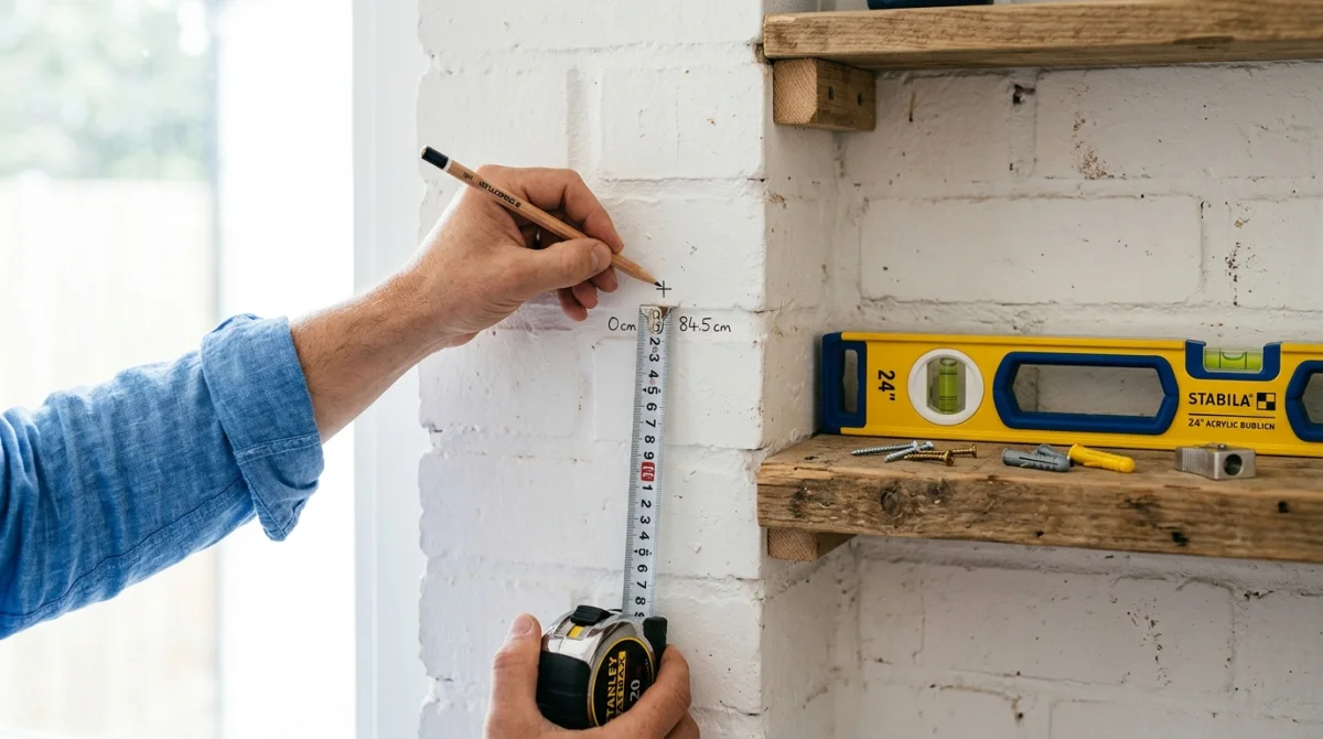 Bricoleur utilisant un mètre ruban et un niveau pour mesurer la hauteur cible fléchette sur un mur blanc.