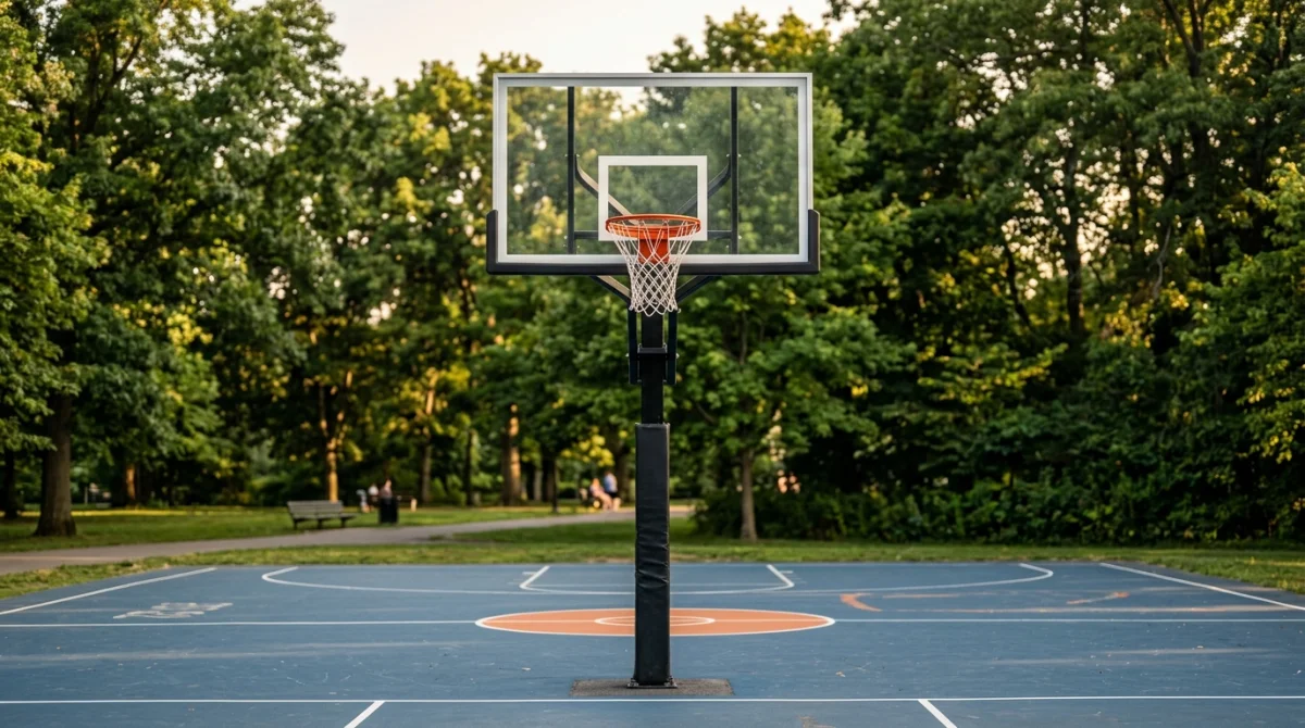 Panier de basket professionnel sur terrain extérieur, illustrant la hauteur réglementaire du cercle dans un parc arboré.