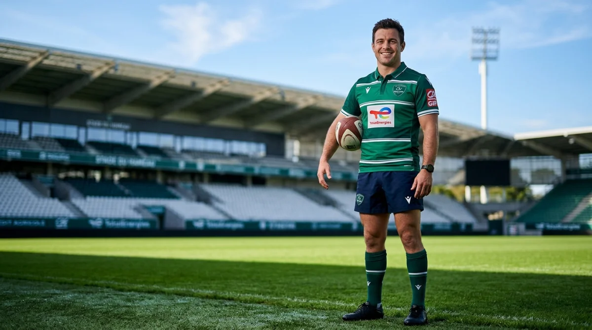 Joueur de la Section Paloise souriant en tenue officielle sur la pelouse du stade pour le forum Section Paloise.