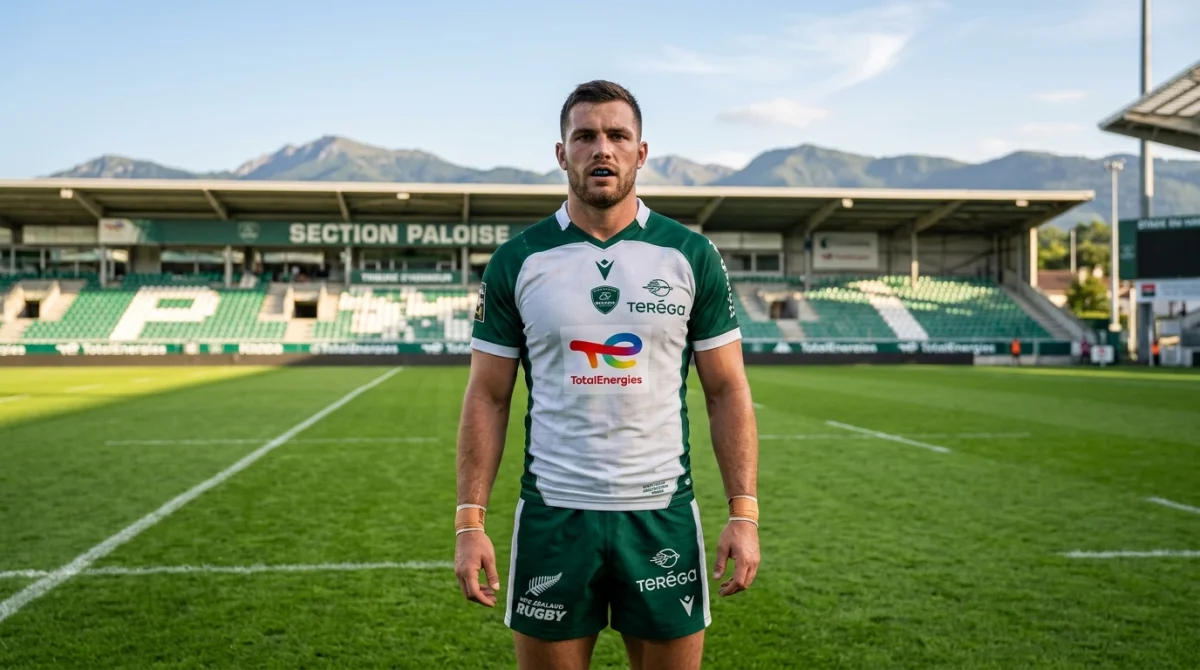 Joueur de rugby professionnel portant le maillot de la Section Paloise au stade du Hameau.
