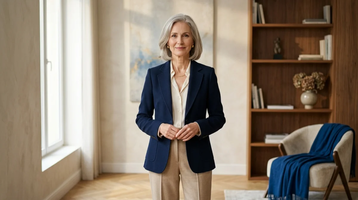 Silhouette élégante d'une femme mature dans un intérieur lumineux, illustrant le style raffiné de Brigitte Macron.