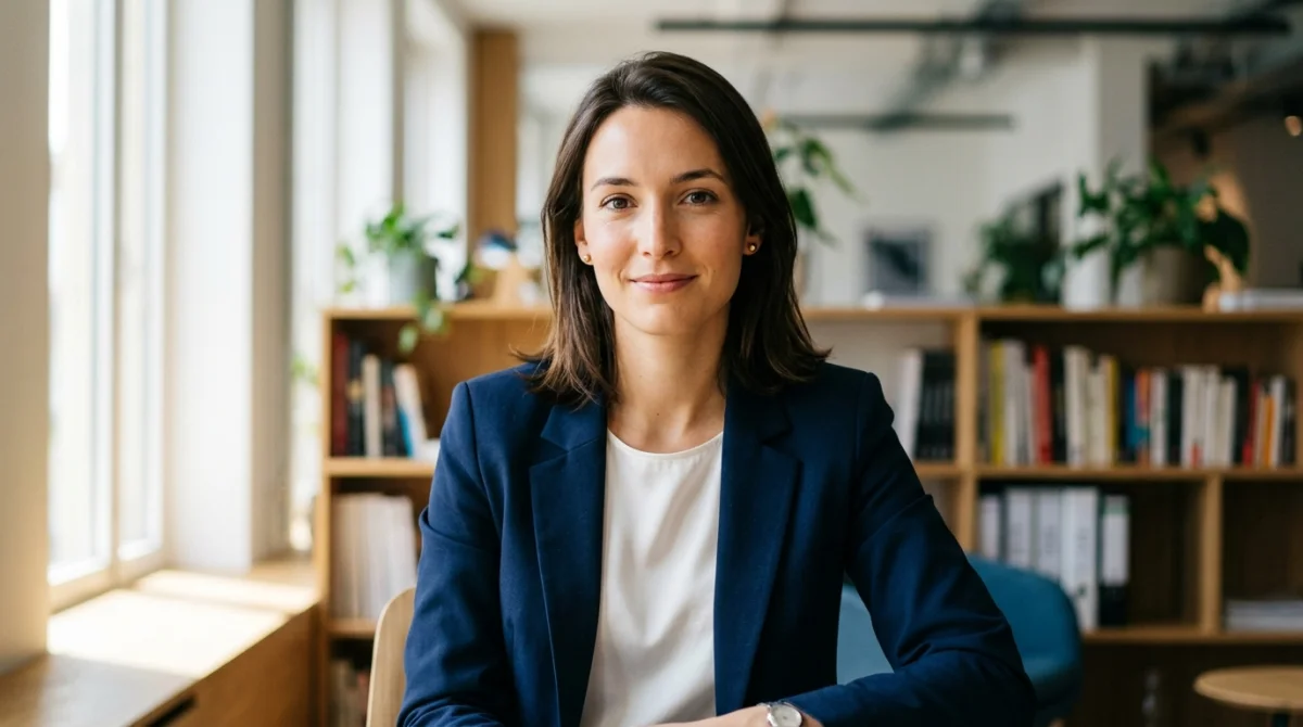 Portrait professionnel de Sarah Knafo dans un bureau moderne, soulignant ses origines et son parcours politique actuel.