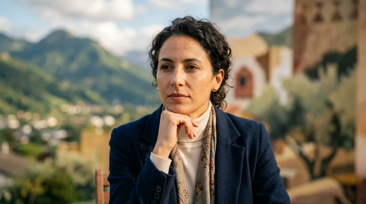 Portrait élégant de Sophia Chikirou, évoquant ses origines et son parcours dans une atmosphère sereine et réfléchie.
