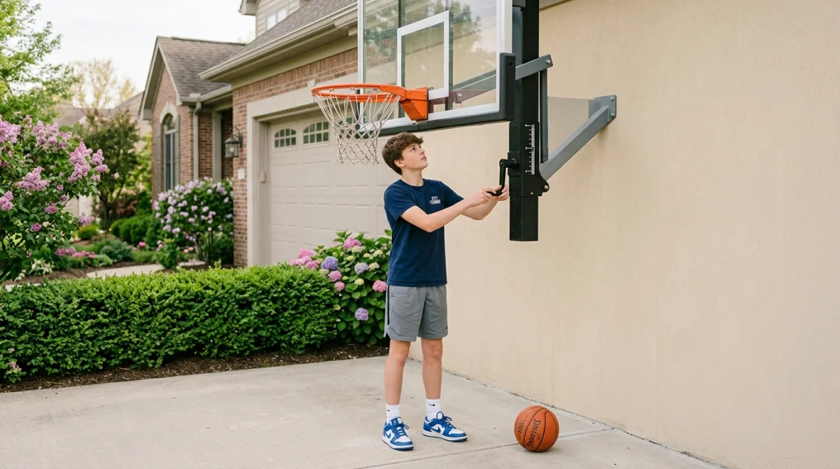 Adolescent ajustant la hauteur d'un panier de basket mural dans une allée de garage résidentielle ensoleillée.