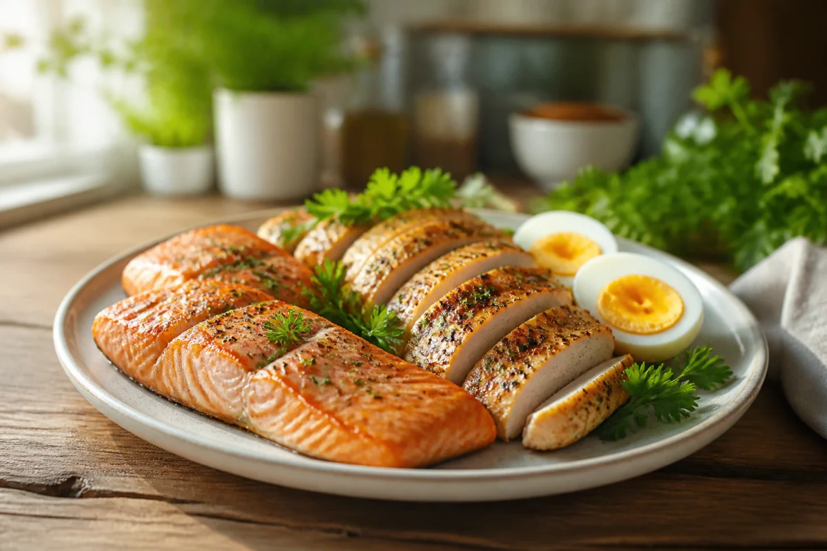 Assiette composée de saumon grillé, poulet et œufs durs pour augmenter son apport en protéine naturellement.