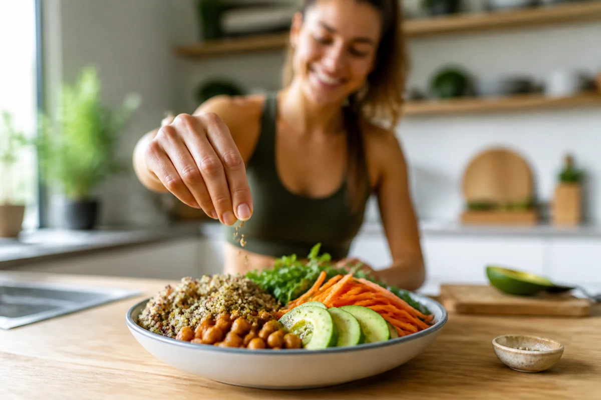 Jeune femme souriante préparant un bol équilibré riche en protéines pour une alimentation saine au quotidien.
