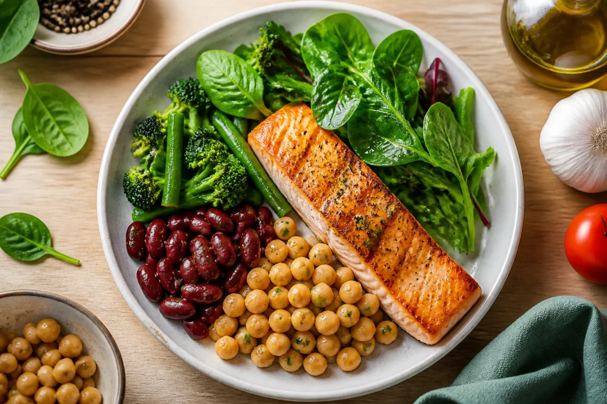 Assiette équilibrée avec saumon et légumineuses pour optimiser votre apport en proteine par kg de poids quotidien.