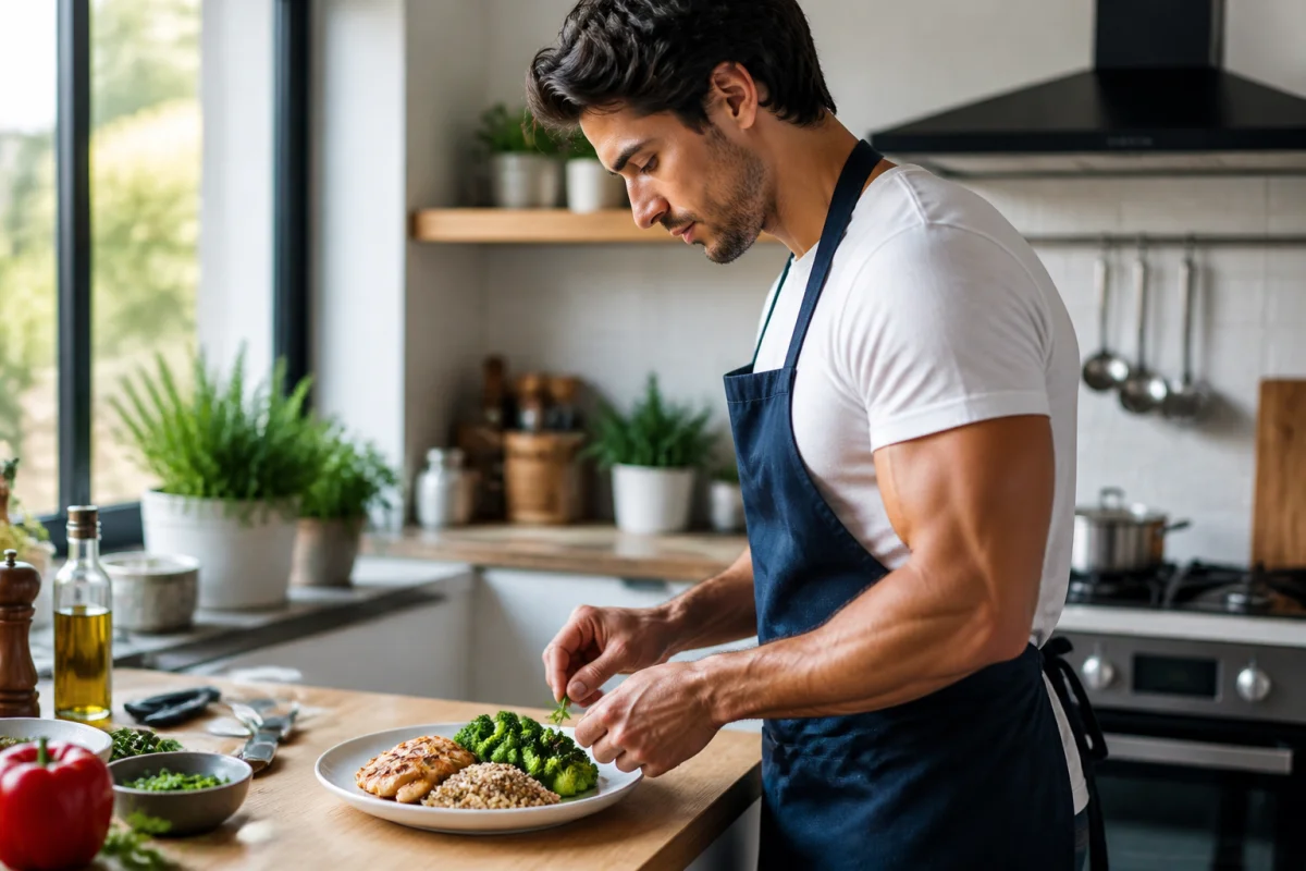 Athlète préparant une assiette équilibrée de poulet, quinoa et brocolis pour calculer combien de gramme de protéine par repas.