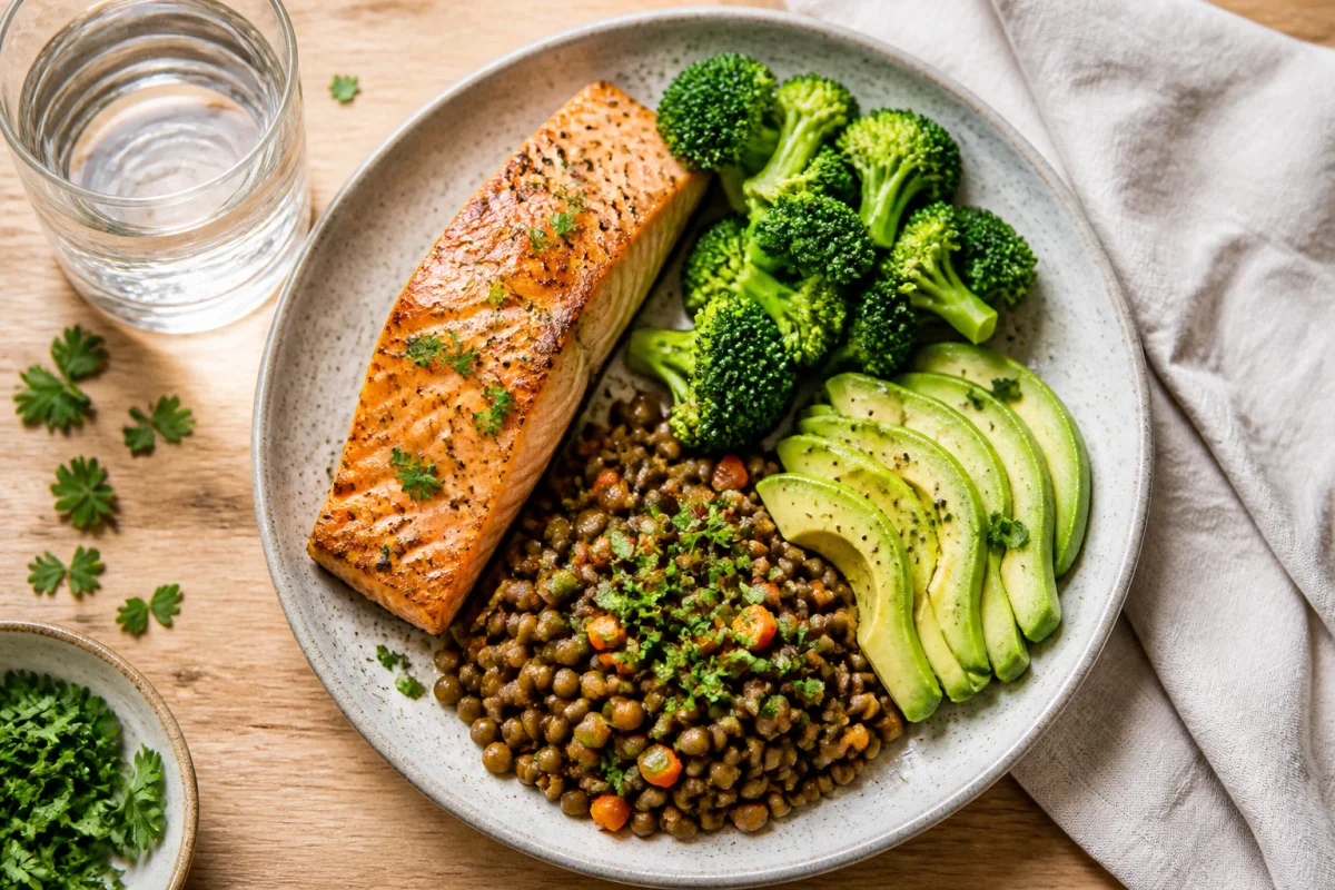Assiette équilibrée avec saumon grillé, lentilles et brocolis pour apprendre comment prendre de la protéine efficacement.