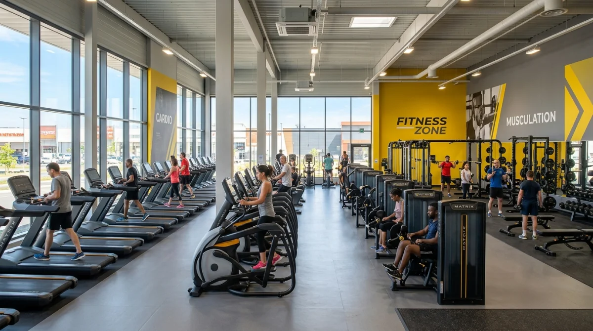 Vue intérieure de la salle de sport moderne Basic Fit à Villeneuve-sur-Lot avec ses équipements de fitness professionnels.